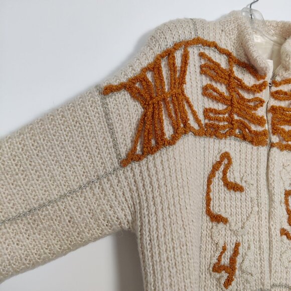 Women's Long Cardigan Size L/XL Beige Orange Fabric Embroidery Vintage Knitwear - Picture 2 of 12